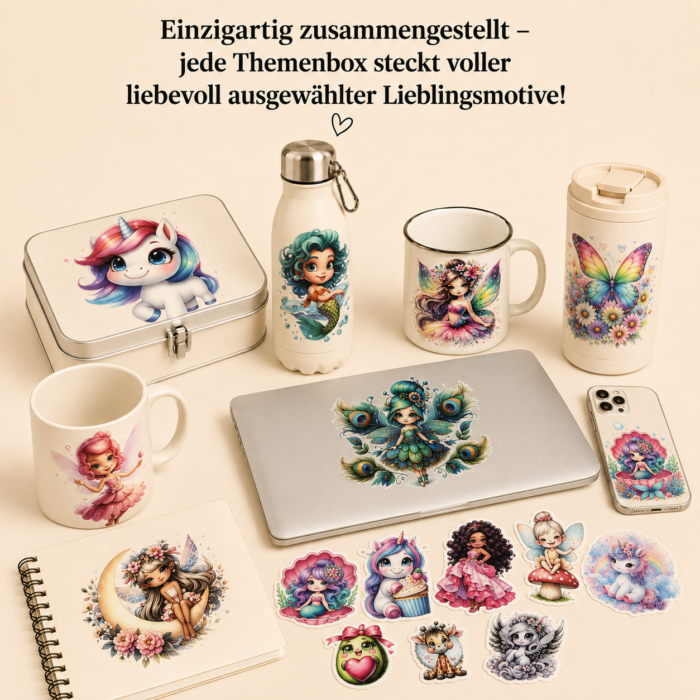 Mädchenzauber Themenbox – 15 UV DTF Sticker | Einhorn, Meerjungfrau, Fee & Fantasy-Motive – DTF Bügelbild und UV DTF Sticker