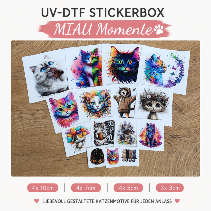 Miau-Momente Themenbox – 15 UV DTF Katzensticker | Katzenliebe & bunte Katzenmotive Miau-Momente Themenbox – 15 UV DTF Katzensticker | Katzenliebe & bunte Katzenmotive – DTF Bügelbild und UV DTF Sticker