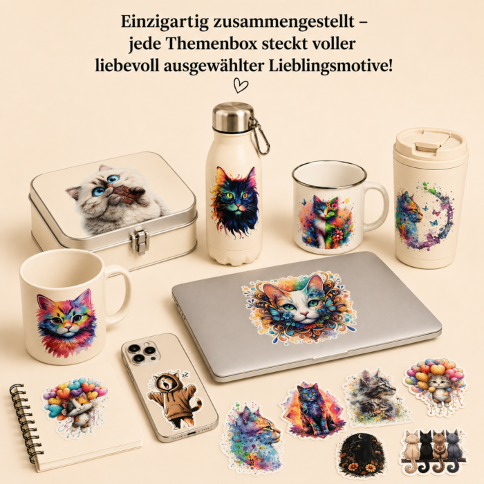 Miau-Momente Themenbox – 15 UV DTF Katzensticker | Katzenliebe & bunte Katzenmotive Miau-Momente Themenbox – 15 UV DTF Katzensticker | Katzenliebe & bunte Katzenmotive – DTF Bügelbild und UV DTF Sticker
