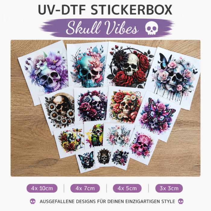Skull Vibes Themenbox – 15 UV DTF Sticker | Totenkopf, Skull, Rosen & Schmetterlinge Skull Vibes Themenbox – 15 UV DTF Sticker | Totenkopf, Skull, Rosen & Schmetterlinge – DTF Bügelbild und UV DTF Sticker