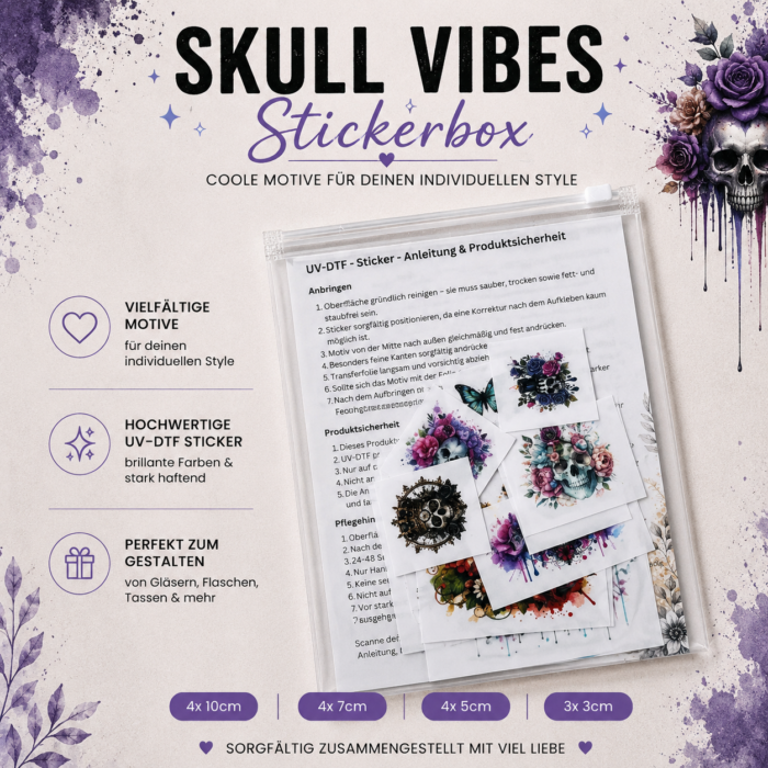 Skull Vibes Themenbox – 15 UV DTF Sticker | Totenkopf, Skull, Rosen & Schmetterlinge Skull Vibes Themenbox – 15 UV DTF Sticker | Totenkopf, Skull, Rosen & Schmetterlinge – DTF Bügelbild und UV DTF Sticker