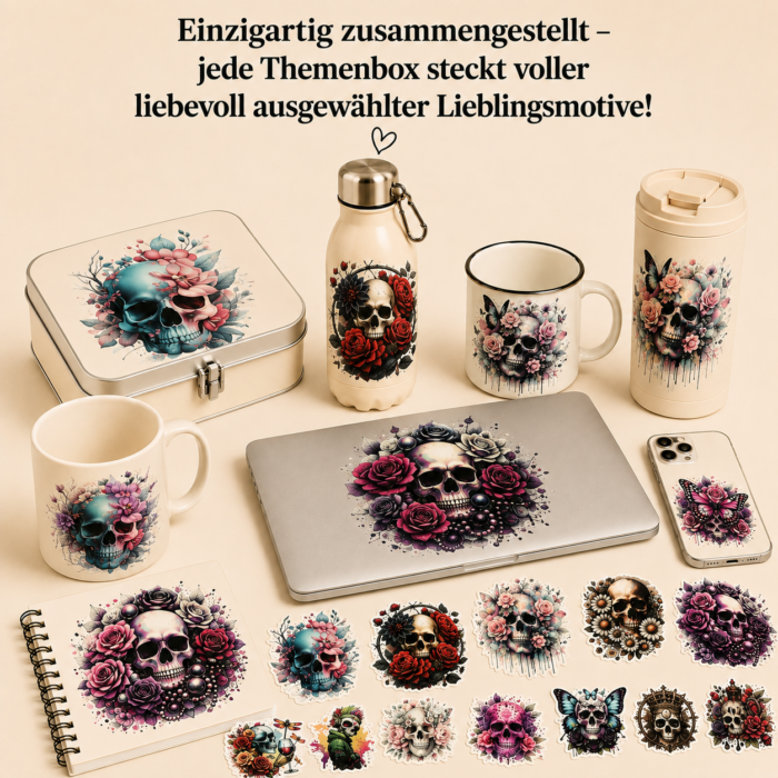 Skull Vibes Themenbox – 15 UV DTF Sticker | Totenkopf, Skull, Rosen & Schmetterlinge Skull Vibes Themenbox – 15 UV DTF Sticker | Totenkopf, Skull, Rosen & Schmetterlinge – DTF Bügelbild und UV DTF Sticker