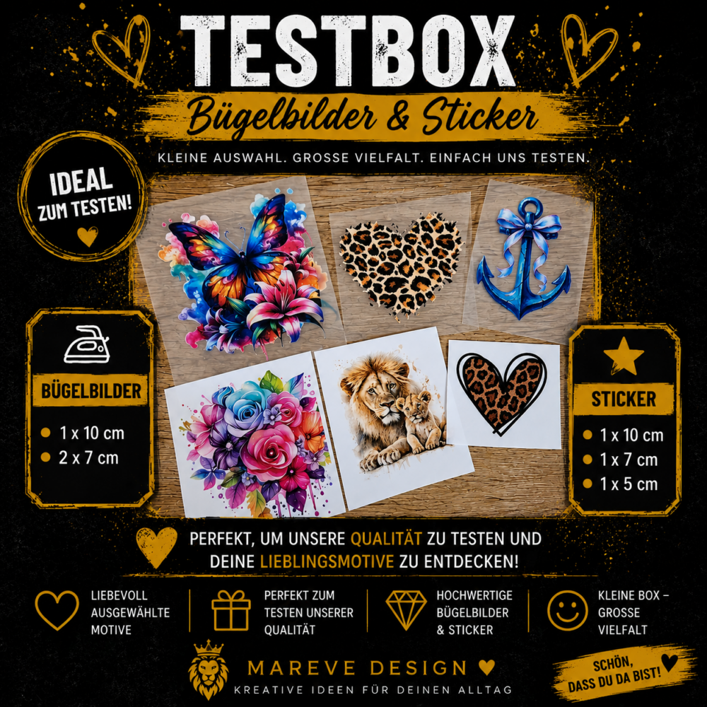 Testbox Bügelbilder & UV DTF Sticker - Warenwert 16 € für nur 9,90 € - Qualität testen |