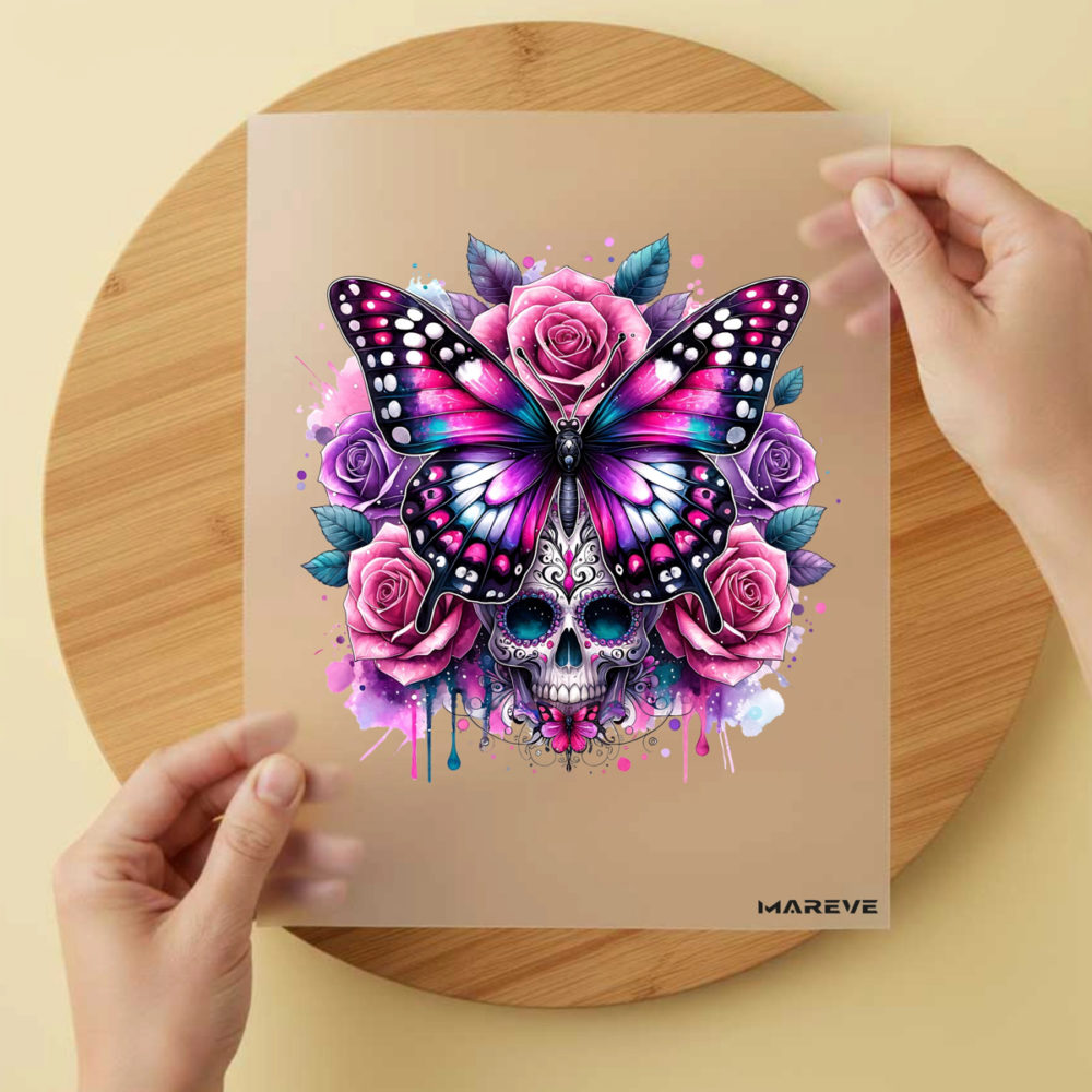 Bügelbild/Sticker Butterfly Skull Flower Rosa/Lila – DTF Bügelbild und UV DTF Sticker