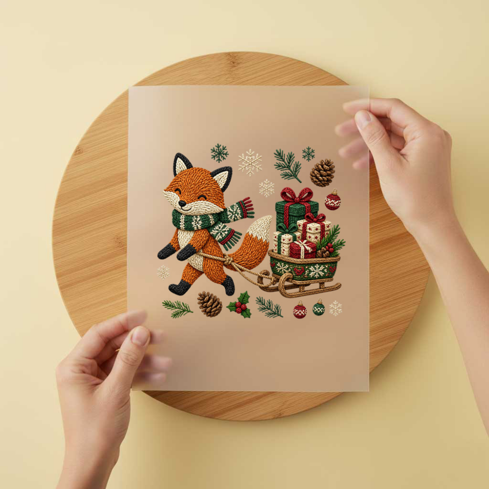 Bügelbild/Sticker Fuchs Schlitten Gestrickt