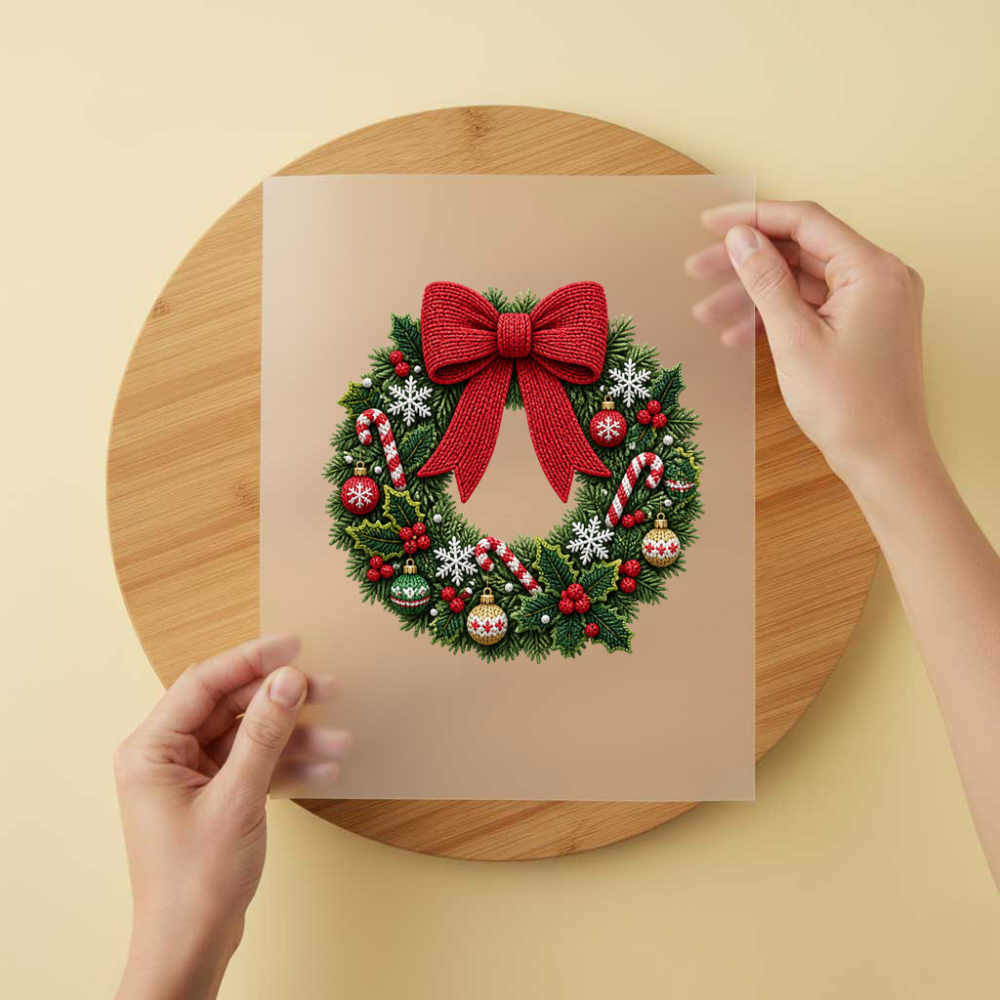 Bügelbild/Sticker Weihnachtskranz rote Schleife Gestrickt