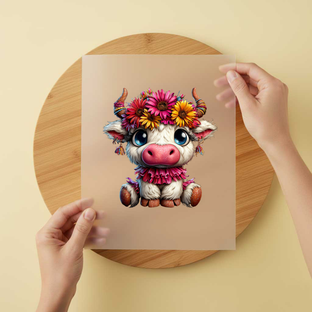Bügelbild/Sticker Highland Kuh Blumenkranz
