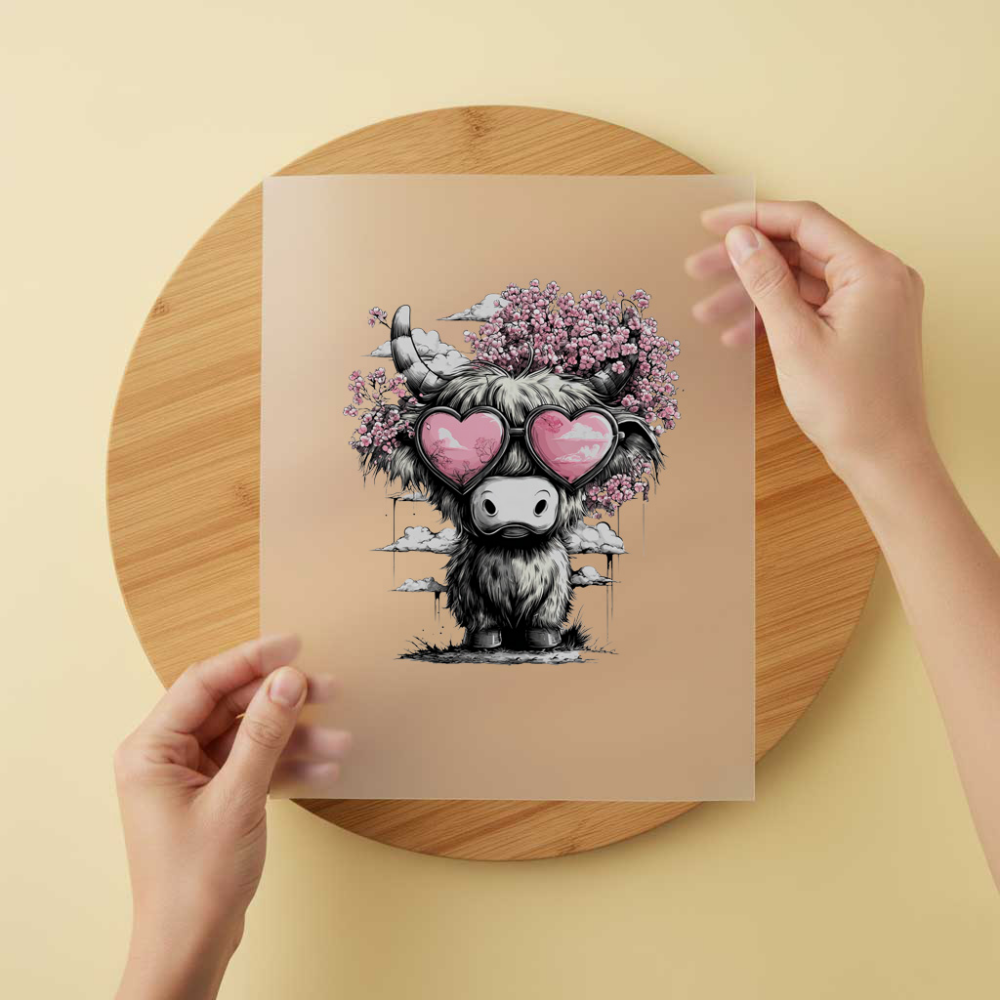 Bügelbild/Sticker Highland Kuh Rosa Herzsonnenbrille
