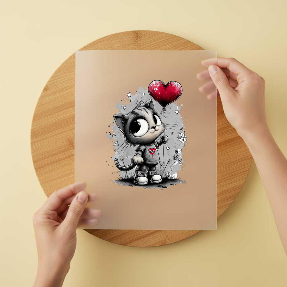 Bügelbild/Sticker Katze Grau Herzballon
