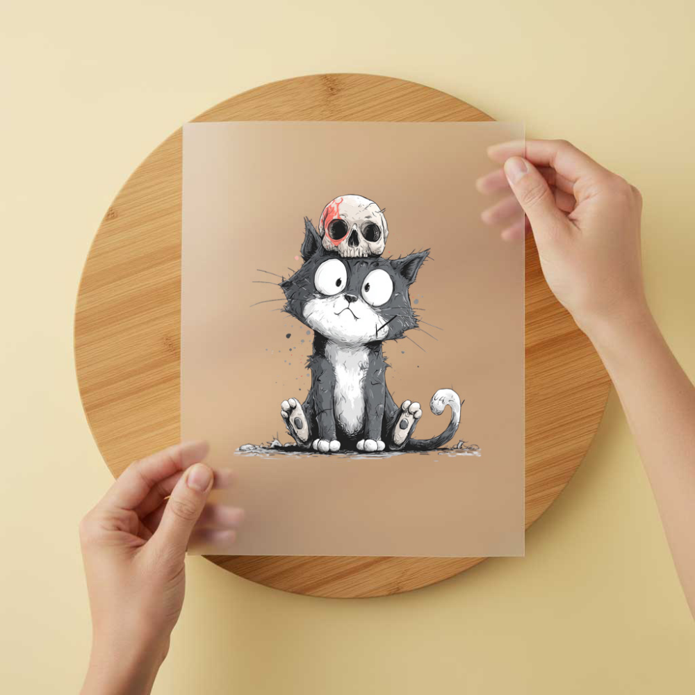 Bügelbild/Sticker KatzeSkullkopf Grau/Weiss