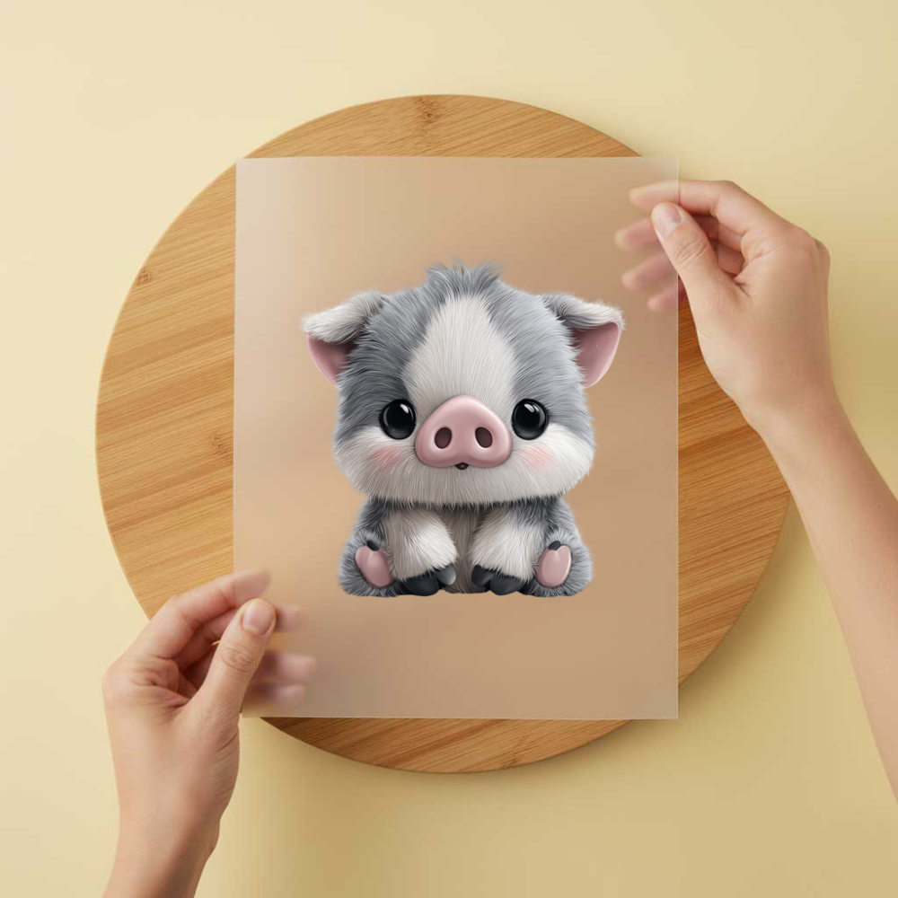 Bügelbild/Sticker Schwein Baby Sitzend Grau/Rosa