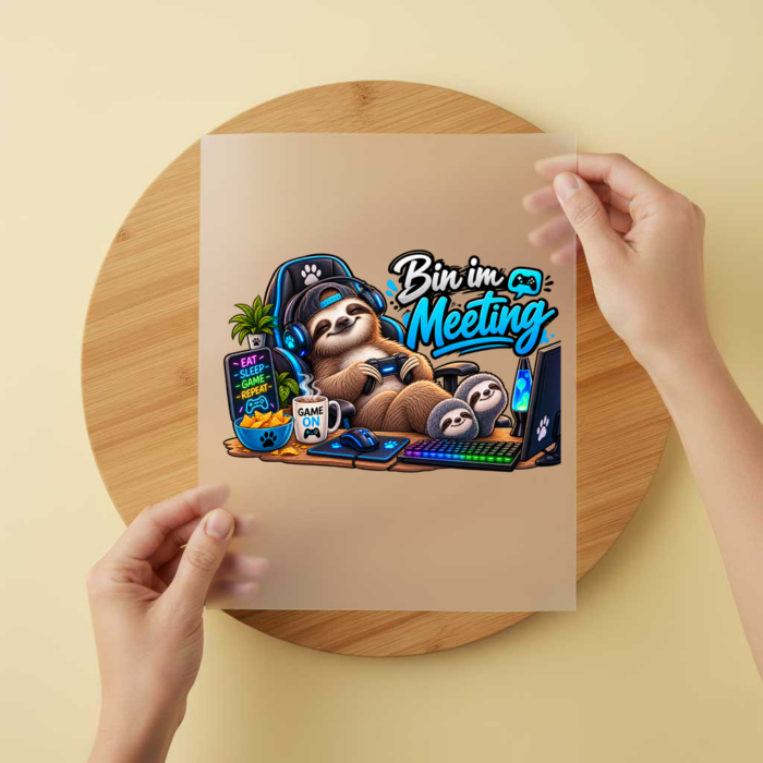 Bügelbild/Sticker Kopfkino - Faultier Zocken – DTF Bügelbild und UV DTF Sticker