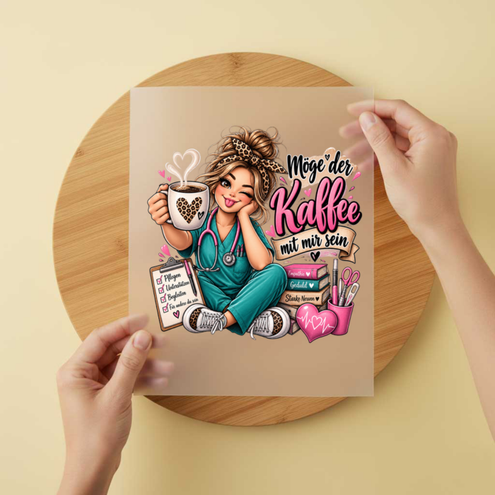 Bügelbild/Sticker Kopfkino - Pflege Kaffee – DTF Bügelbild und UV DTF Sticker