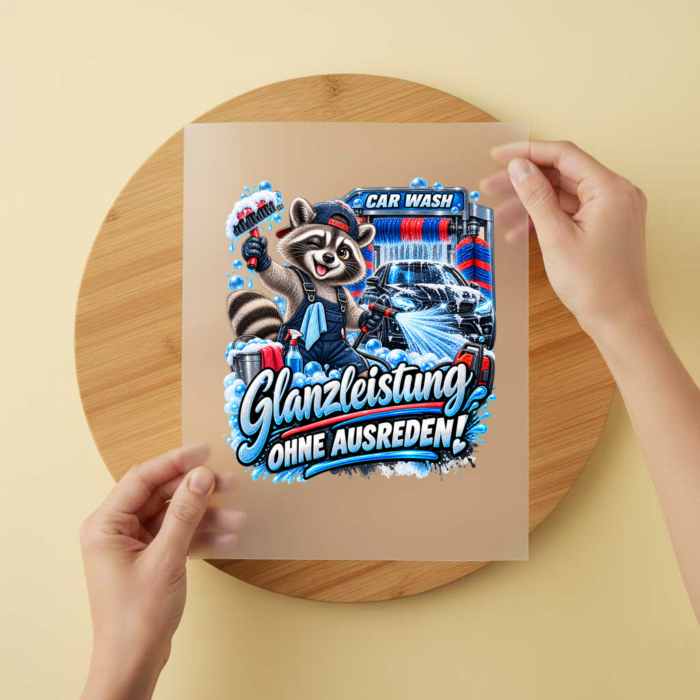 Bügelbild/Sticker Kopfkino - Waschbär Waschanlage – DTF Bügelbild und UV DTF Sticker