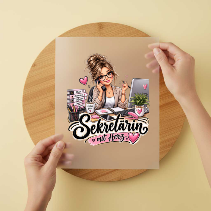 Bügelbild/Sticker Kopfkino - Sekretärin mit Herz – DTF Bügelbild und UV DTF Sticker