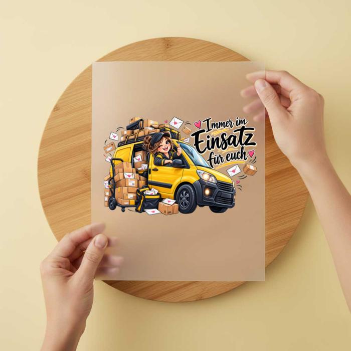 Bügelbild/Sticker Kopfkino - Postfrau Briefe Bügelbild/Sticker Kopfkino - Postfrau Briefe – DTF Bügelbild und UV DTF Sticker