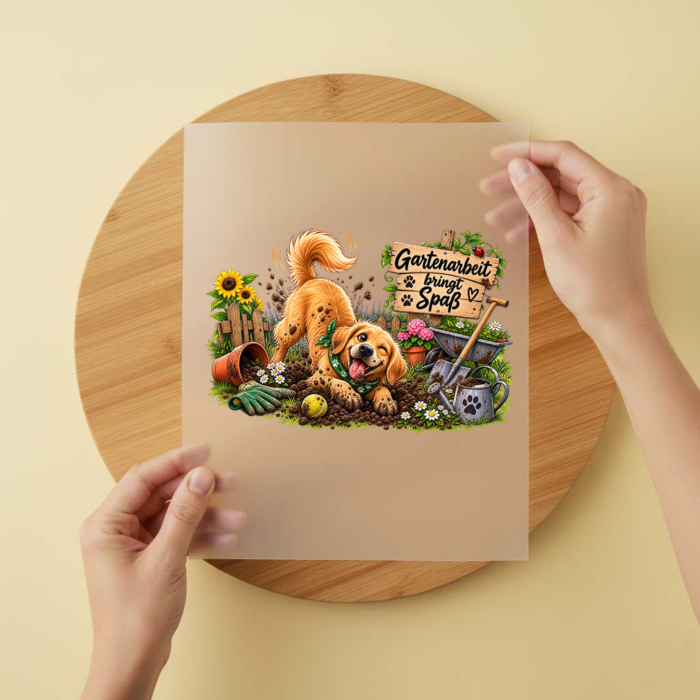 Bügelbild/Sticker Hund Gartenarbeit – DTF Bügelbild und UV DTF Sticker