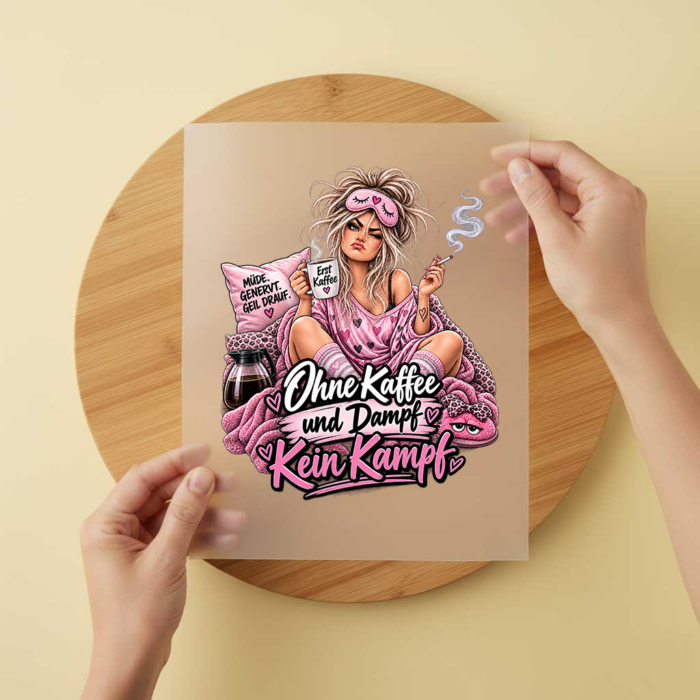 Bügelbild/Sticker Frau - Ohne Kaffee Bügelbild/Sticker Frau - Ohne Kaffee – DTF Bügelbild und UV DTF Sticker