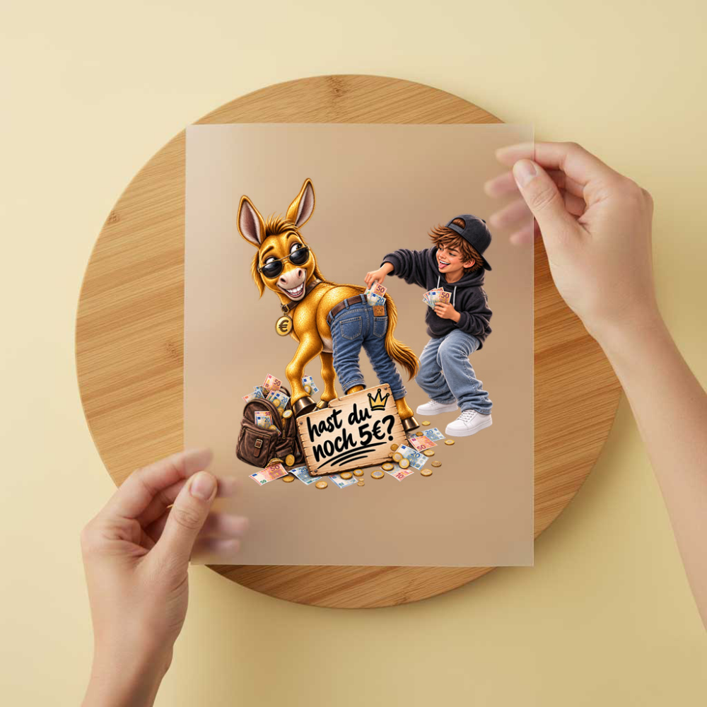 Bügelbild/Sticker Junge Esel Geld – DTF Bügelbild und UV DTF Sticker
