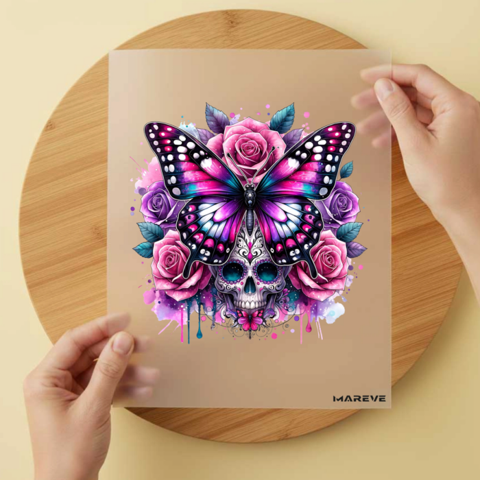 Bügelbild/Sticker Butterfly Skull Flower Rosa/Lila – DTF Bügelbild und UV DTF Sticker